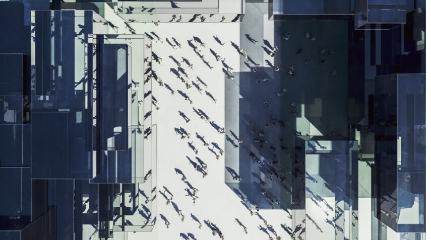Aerial view of crowd in public office complex