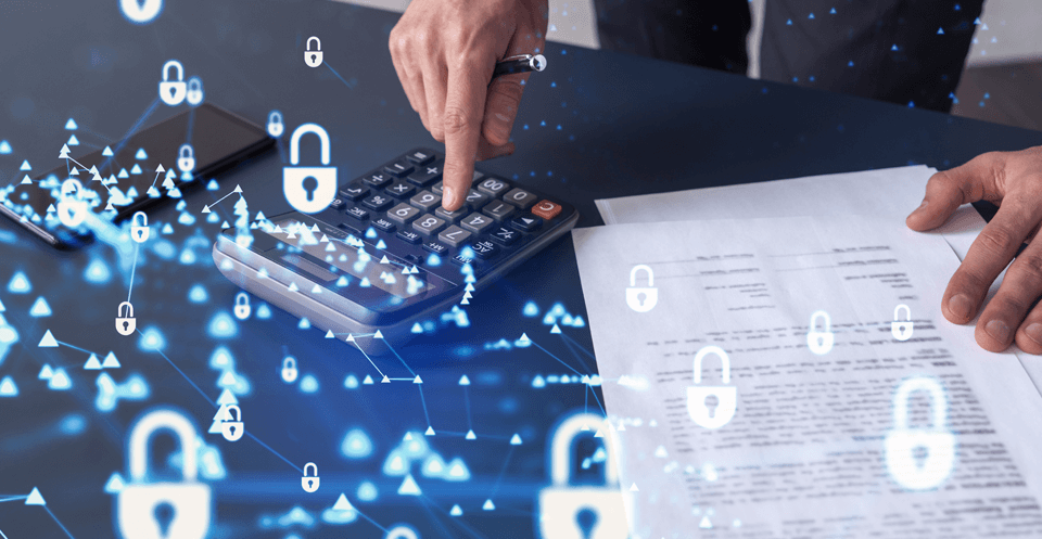 calculator with cyber overlay portraying the cost of cybersecurity