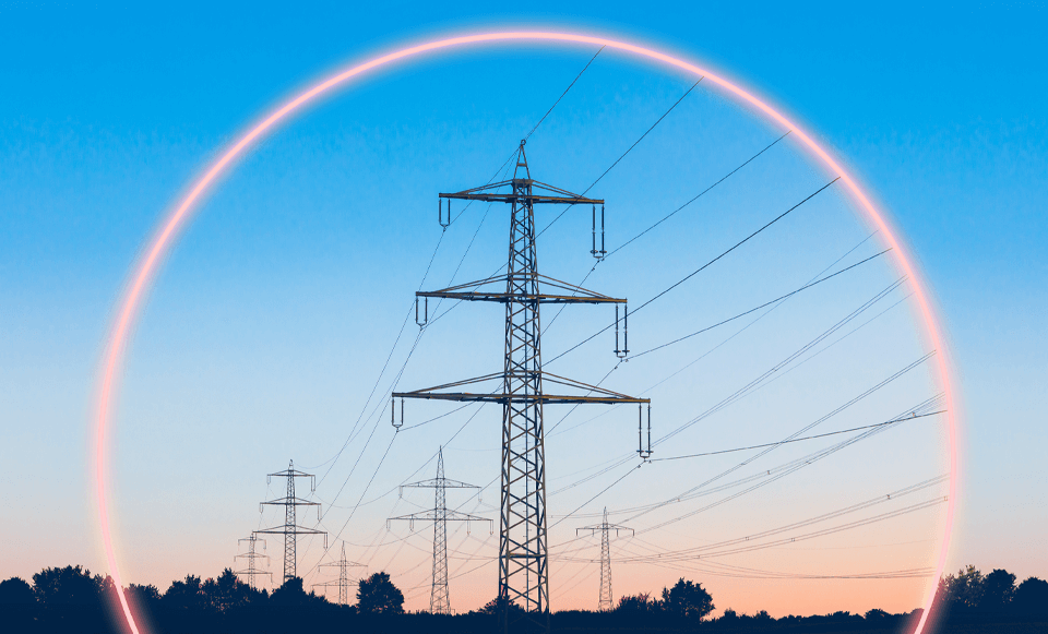 power lines with glowing circle surrounding them