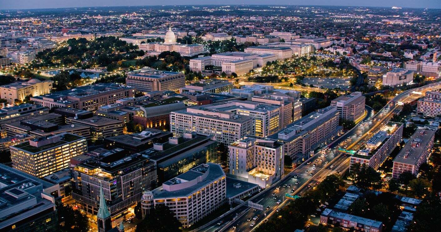 Aerial view of Washington, D.C. federal center at dusk