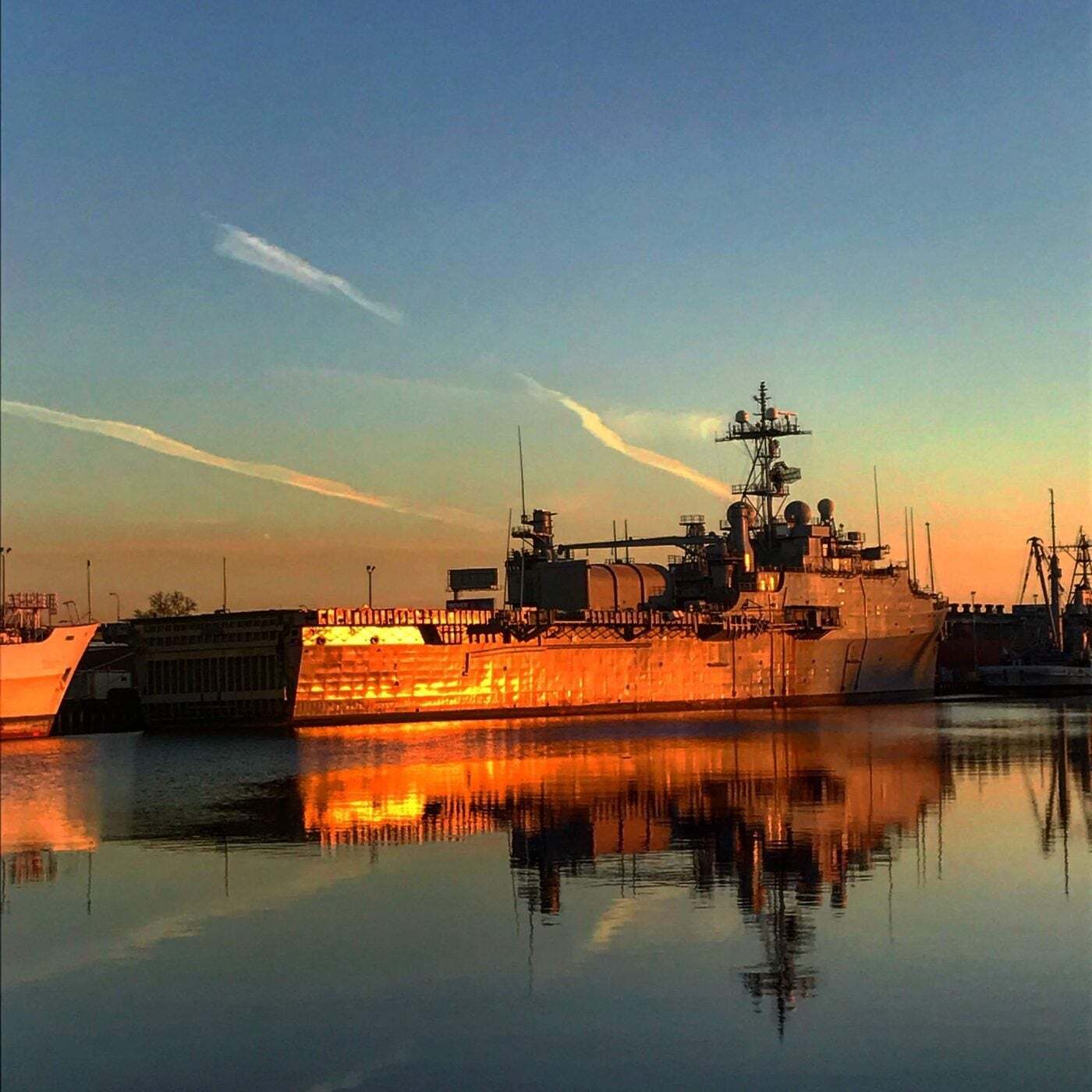 Naval warship at dusk