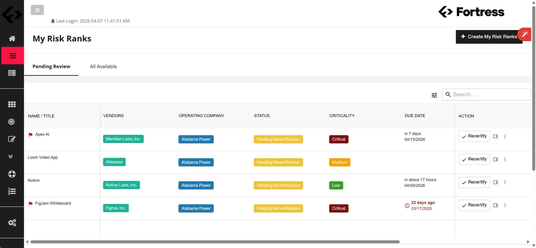 Recertification Module — risk rank management view